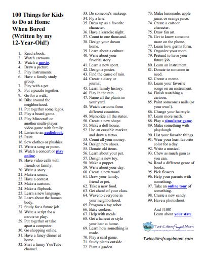 100 Things for Kids to Do at Home When Bored